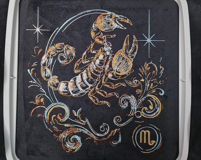 Elaborate embroidery design: Scorpio zodiac sign, realistic, colorful, light and shadow, commercial use by LunaChild for dark fabrics