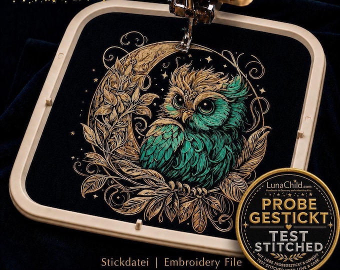Mystical Owl in the Moon Embroidery Design “Eulalia” | Owl Embroidery for Dark Fabrics | 8 Sizes | 2 Versions