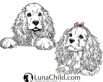 Set Stickdatei Cocker Spaniel "Gloria" & "Johann" - WENIGER STICHE - LIGHT - für Helle Stoffe -  Hund - 10 Größen -LunaChild