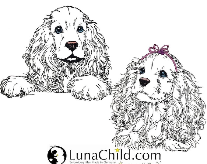 Set Stickdatei Cocker Spaniel "Gloria" & "Johann" - WENIGER STICHE - LIGHT - für Helle Stoffe -  Hund - 10 Größen -LunaChild