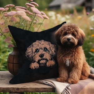 Könnte beinhalten: Ein schwarzes Kissen mit einer braunen und weißen Kritzelzeichnung eines Hundes, der hinter dem Rand des Kissens hervorlugt. Ein brauner und weißer Hund sitzt im Hintergrund auf einer Decke.
