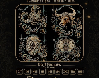 Zodiac Embroidery Design Bundle • Astrology Embroidery Files • 12 Zodiac Signs • No Jump Stitches • 4 Sizes • LunaChild
