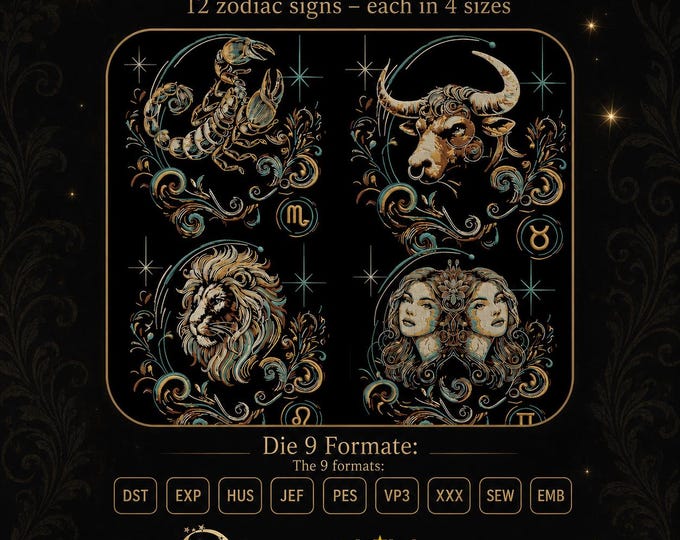 Zodiac Embroidery Design Bundle • Astrology Embroidery Files • 12 Zodiac Signs • No Jump Stitches • 4 Sizes • LunaChild