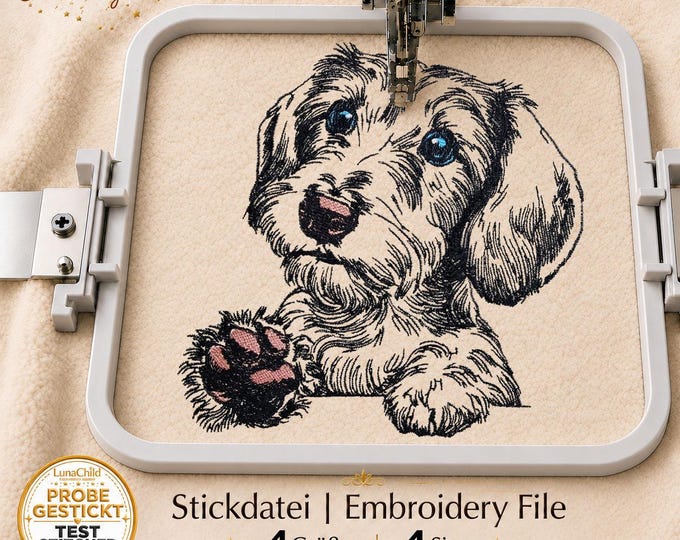 Wirehaired Dachshund Embroidery Design “Luca” | Realistic Puppy for Light Fabrics | 4 Sizes