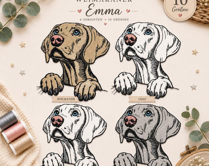 Set Stickdatei Weimaraner „Emma“ – Applikation, Vollstick, Standard & Light – 4 Varianten – 10 Größen – LunaChild