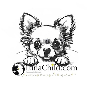 May include: Black and white illustration of a Chihuahua dog peeking over a sign that says "LunaChild.com Handmade in Germany".