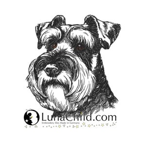 Puede incluir: Ilustración en blanco y negro de línea de arte de la cabeza de un perro schnauzer miniatura. El perro está mirando directamente al espectador. La imagen está en un estilo simple y minimalista.