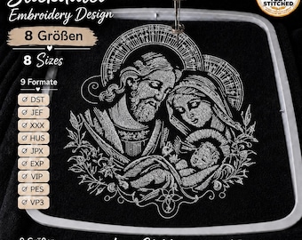 Holy Family Embroidery File “Mary, Joseph & Jesus” | Religious Nativity Design for Dark Fabrics | 8 Sizes