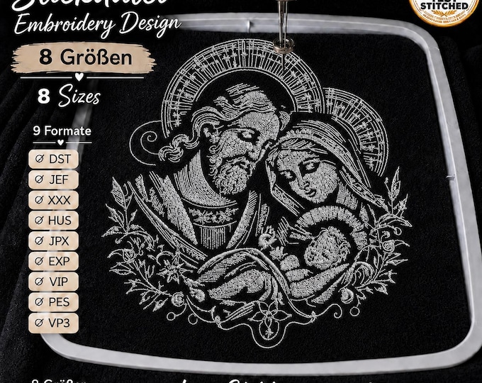 Holy Family Embroidery File “Mary, Joseph & Jesus” | Religious Nativity Design for Dark Fabrics | 8 Sizes