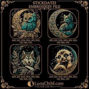 Moon Animal Embroidery Bundle – Owl, Cat, Wolf & Meerkat Moon Designs – Mystic Fantasy Embroidery Set – Dark Fabric Designs – 8 Sizes Each