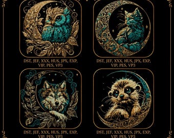 Moon Animal Embroidery Bundle – Owl, Cat, Wolf & Meerkat Moon Designs – Mystic Fantasy Embroidery Set – Dark Fabric Designs – 8 Sizes Each