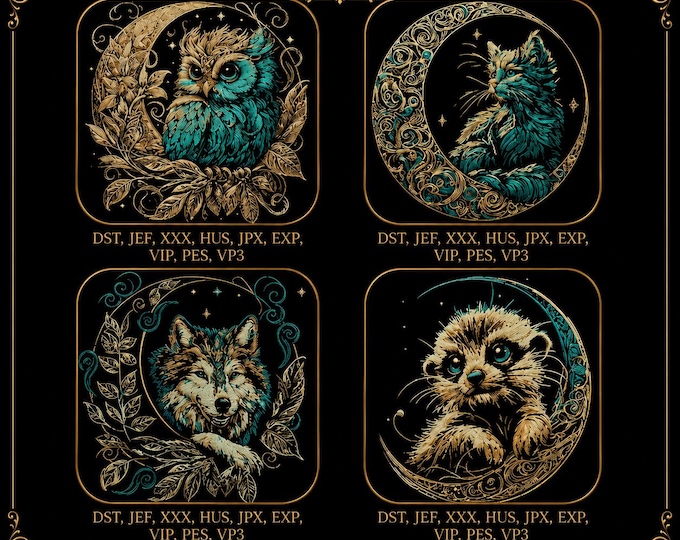 Moon Animal Embroidery Bundle – Owl, Cat, Wolf & Meerkat Moon Designs – Mystic Fantasy Embroidery Set – Dark Fabric Designs – 8 Sizes Each