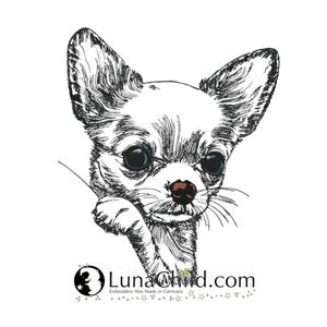 Könnte beinhalten: Schwarz-weiß-Zeichnung eines Chihuahua-Welpen, der aus dem Hintergrund eines Untergrunds schaut, mit seiner Pfote auf der Oberfläche. Der Welpe hat große, runde Augen und eine kleine, spitze Nase.