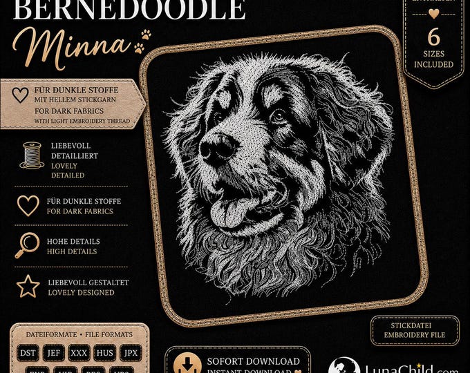 Bernedoodle “Minna” embroidery file – Doodle dog – Dog Embroidery Design – 6 sizes – LunaChild
