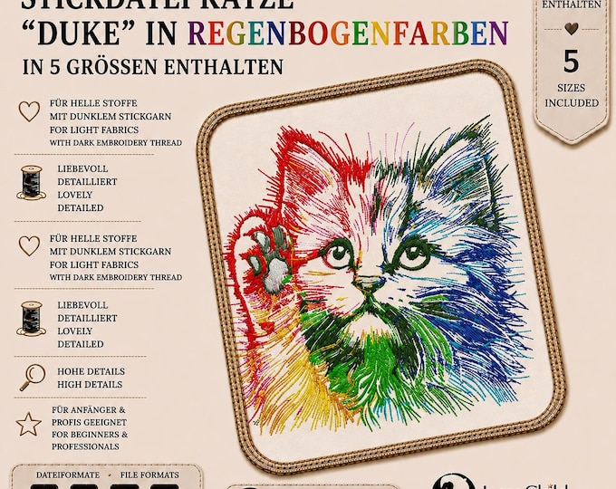 Stickdatei Katze „Duke“ in Regenbogenfarben – Rainbow Cat Embroidery Design – 5 Größen – LunaChild