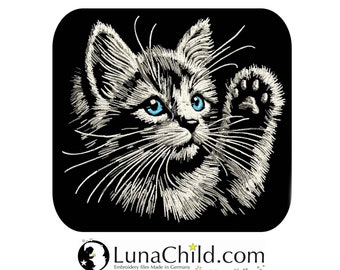 Embroidery file cat kitten "Lizzy" realistic natural grey commercial use LunaChild for dark fabrics
