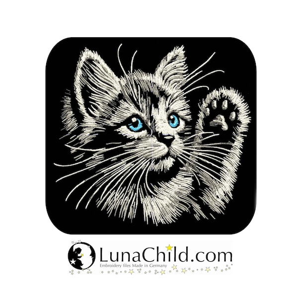 Embroidery file cat kitten "Lizzy" realistic natural grey commercial use LunaChild for dark fabrics