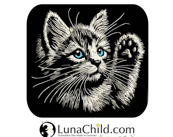 NEU AUFWENDIGE Stickdatei Katze Kätzchen Kitten "Lizzy" realistisch naturfarben grau kommerzielle Nutzung LunaChild für dunkle Stoffe
