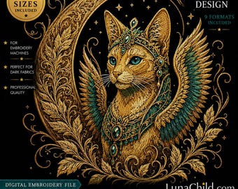 Sphynx Cat Embroidery Design "Nubis" Moon Cat Embroidery File | 8 Sizes