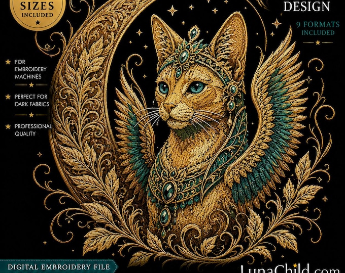 Stickdatei Sphinx Katze im Mond "Nubis" – Aufwendig & detailreich – Für dunkle Stoffe – 8 Größen – LunaChild Design
