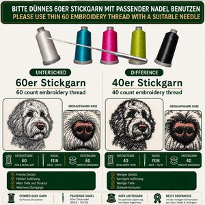 Stickdatei Infografik mit zweisprachigem Ratgeber in Grün und Beige zur Verwendung von dünnem 60er Stickgarn im Vergleich zu herkömmlichem 40er Garn für absolut filigrane Stickprojekte von LunaChild.com