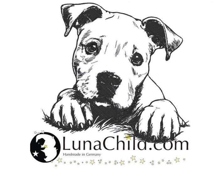 Stickdatei American Staffordshire Terrier Welpe "Bax" Hund spähend realistisch kommerzielle Nutzung LunaChild