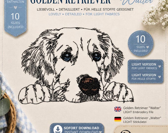 Stickdatei Golden Retriever „Walter“ LIGHT – Dog Embroidery Design – 2 Varianten – 10 Größen – LunaChild