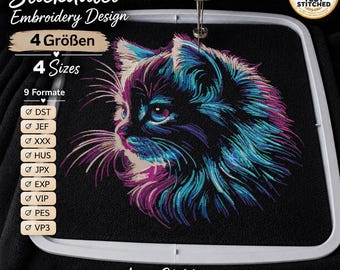 Embroidery File Cat “Ginger” | Realistic Colorful Cat Portrait for Black Fabrics | 2 Versions | 4 Sizes | LunaChild