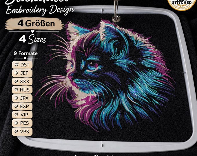 Embroidery File Cat “Ginger” | Realistic Colorful Cat Portrait for Black Fabrics | 2 Versions | 4 Sizes | LunaChild