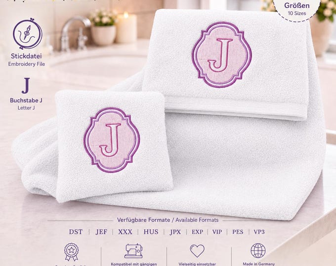 Embossed Embroidery File Letter „J“ • Monogram Towel Design • Bath Font 10 Sizes • LunaChild