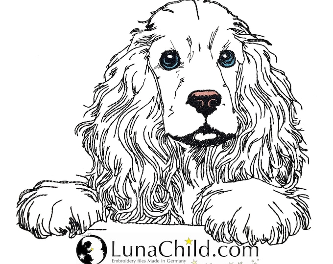 WENIGER STICHE - Stickdatei Cocker Spaniel "Johann" LIGHT - für Helle Stoffe -  Hund - 10 Größen - LunaChild
