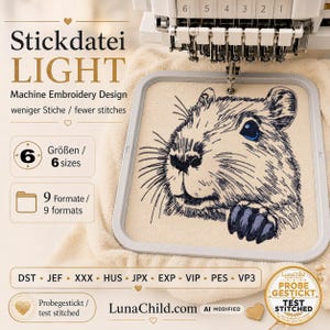 Stickdatei Capybara „Teddy“ | Capybara Stickmotiv Light mit weniger Stichen für helle Stoffe | 6 Größen | 2 Versionen