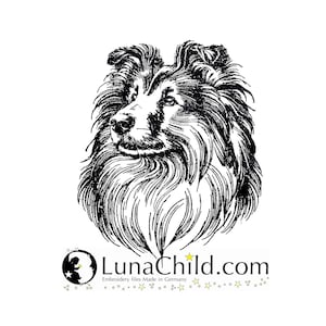 May include: Black and white line art illustration of a Collie dog's head. The dog is looking to the left. The image includes the text "LunaChild.com" and "Embroidery files Made in Germany".