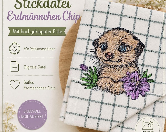 Stickdatei - Vollstick - Erdmännchen "Chip" - Für helle & dunkle Stoffe - 3 Größen -  ITH - Geschirrtuch - LunaChild