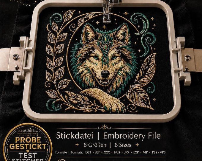 Wolf Embroidery File “Faolan” | Mystical Full Moon Boho Fantasy Design for Black Fabrics | 8 Sizes | 2 Versions
