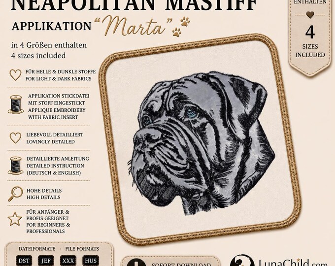 Embroidery design applique Neapolitan Mastiff “Marta” – Mastiff Embroidery Design – in 4 sizes – LunaChild