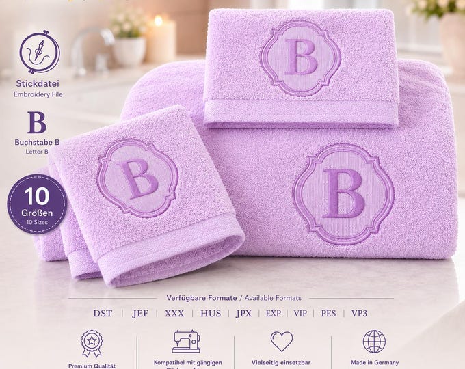 Embossed Embroidery File Letter „B“ • Monogram Towel Design • Bath Font 10 Sizes • LunaChild