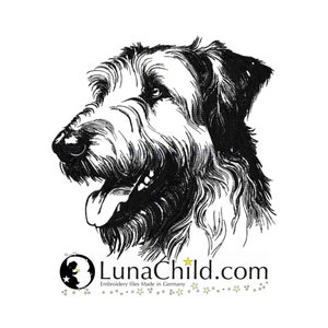 May include: Black and white line art illustration of an Irish Wolfhound dog's head. The dog is looking to the left and has its tongue sticking out. The image is from LunaChild.com, which offers embroidery files made in Germany.