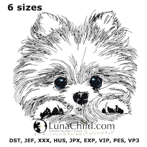 Pode incluir: Desenho de bordado de linha em preto e branco de um filhote de Pomeranian fofo com olhos grandes. O design está disponível em seis tamanhos e em vários formatos de arquivo de bordado, incluindo DST, JEF, XXX, HUS, JPX, EXP, VIP, PES e VP3.