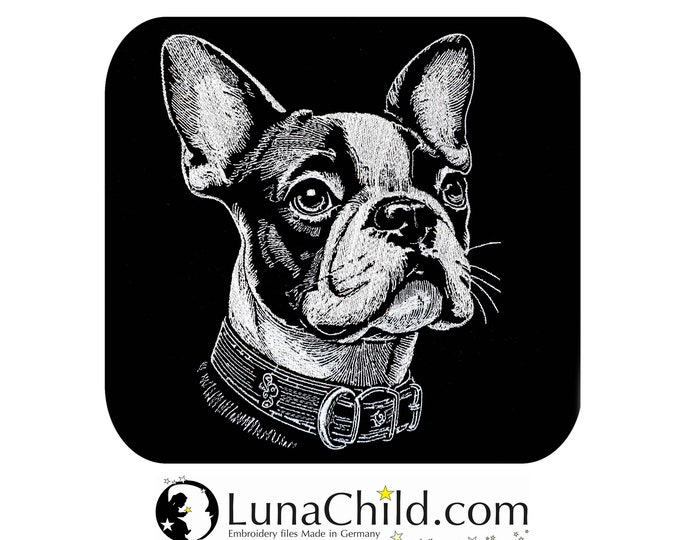 Stickdatei Boston Terrier "Milo" Hund realistisch für dunkle Stoffe kommerzielle Nutzung LunaChild
