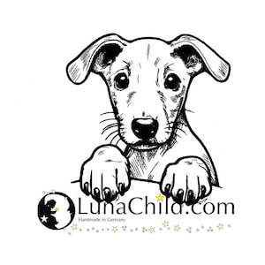 May include: A black and white line drawing of a puppy peeking over a surface with its paws in the air. The puppy has large ears and a cute expression. The text "LunaChild.com" is below the puppy, with the words "Handmade in Germany" underneath.