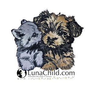 May include: An embroidery design featuring a light gray kitten sitting next to a tan and black puppy. Below the animals is the text LunaChild.com with the tagline Embroidery files Made in Germany and a small row of decorative stars.