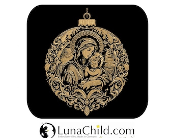 NEU Stickdatei Christbaumkugel Maria Jesus realistisch für dunkle Stoffe kommerzielle Nutzung LunaChild