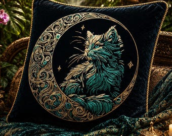 Stickdatei Katze im Mond "Marbel" – Aufwendig & detailreich – Für dunkle Stoffe – 8 Größen – LunaChild Design