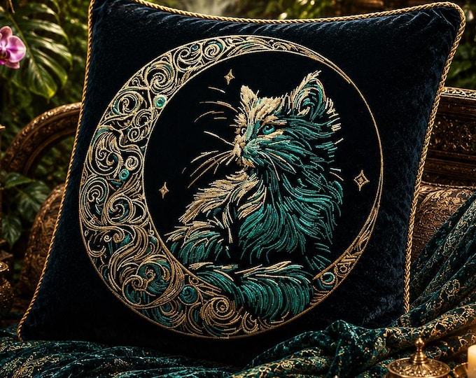 Stickdatei Katze im Mond "Marbel" – Aufwendig & detailreich – Für dunkle Stoffe – 8 Größen – LunaChild Design
