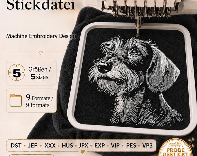 Wirehaired Dachshund Embroidery File “Olaf” | Realistic Doxie Portrait for Black Fabric | 5 Sizes