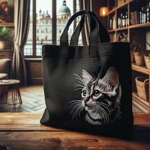 Puede incluir: Bolsa de lona negra con una imagen bordada en blanco de la cara de un gato.