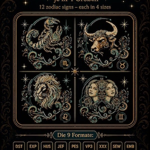 Zodiac Embroidery Design Bundle • Astrology Embroidery Files • 12 Zodiac Signs • No Jump Stitches • 4 Sizes • LunaChild