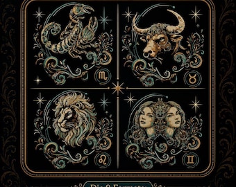 Zodiac Embroidery Design Bundle • Astrology Embroidery Files • 12 Zodiac Signs • No Jump Stitches • 4 Sizes • LunaChild