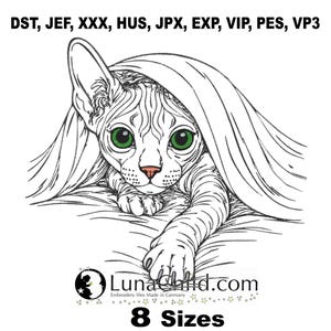 Könnte beinhalten: Schwarz-Weiß-Illustration einer Sphynx-Katze mit grünen Augen, unter einer Decke. Die Pfote der Katze ist ausgestreckt. Der Text oben lautet "DST, JEF, XXX, HUS, JPX, EXP, VIP, PES, VP3". Das LunaChild.com-Logo und "8 Sizes" befinden sich unten.